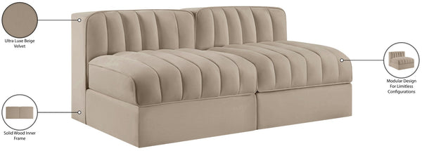 Meridian Furniture Rummi Channel Tufted Modular Loveseat in Stain Resistant Performance Velvet for Modern Living Beige 58 inches 660Beige-S58