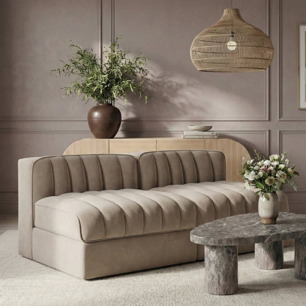 Meridian Furniture Rummi Channel Tufted Modular Loveseat in Stain Resistant Performance Velvet for Modern Living Beige 58 inches 660Beige-S58