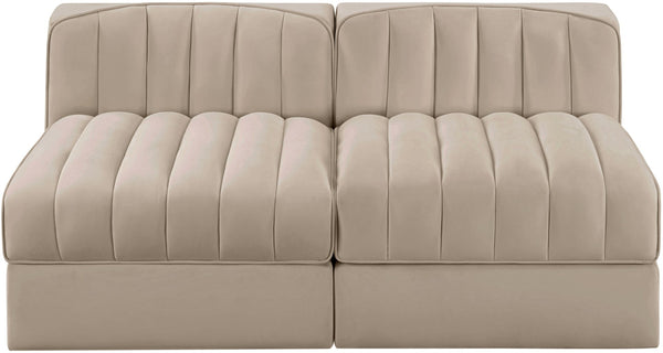 Meridian Furniture Rummi Channel Tufted Modular Loveseat in Stain Resistant Performance Velvet for Modern Living Beige 58 inches 660Beige-S58