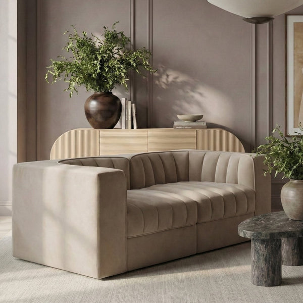 Meridian Furniture Rummi Channel Tufted Modular Loveseat in Stain Resistant Performance Velvet for Modern Living Beige 68 inches 660Beige-S68
