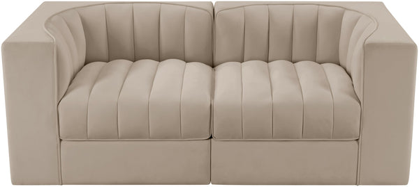 Meridian Furniture Rummi Channel Tufted Modular Loveseat in Stain Resistant Performance Velvet for Modern Living Beige 68 inches 660Beige-S68