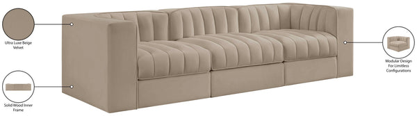 Meridian Furniture Rummi Channel Tufted Beige Velvet Modular Sofa with Stain Resistant Performance Fabric 660Beige-S97