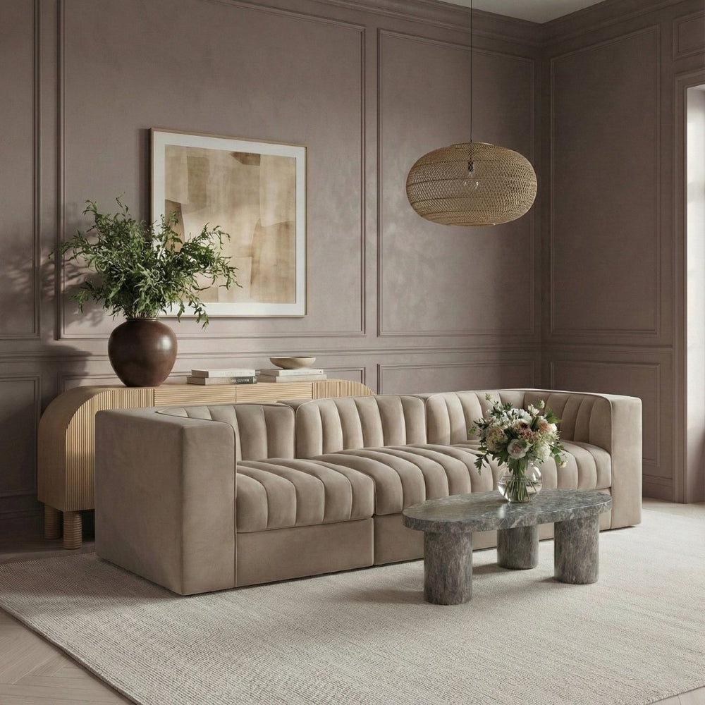 Meridian Furniture Rummi Channel Tufted Beige Velvet Modular Sofa with Stain Resistant Performance Fabric 660Beige-S97