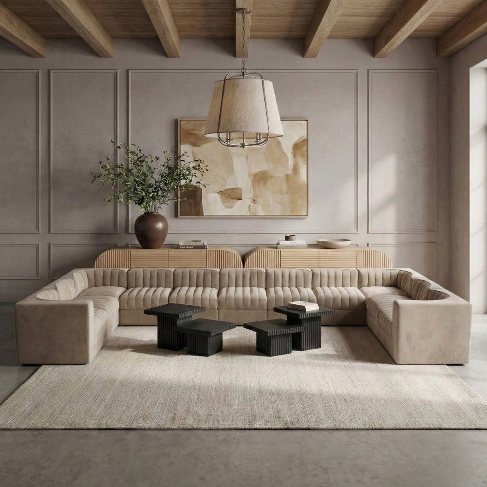 Meridian Furniture Rummi Channel Tufted Velvet 11 Piece Modular Sectional for Open Living Spaces 660Beige-Sec11A