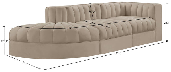 Meridian Furniture Rummi Channel Tufted Velvet Modular Sectional Sofa with Solid Wood Frame for Modern Living Beige 660Beige-Sec3A