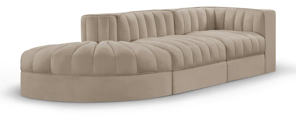 Meridian Furniture Rummi Channel Tufted Velvet Modular Sectional Sofa with Solid Wood Frame for Modern Living Beige 660Beige-Sec3A