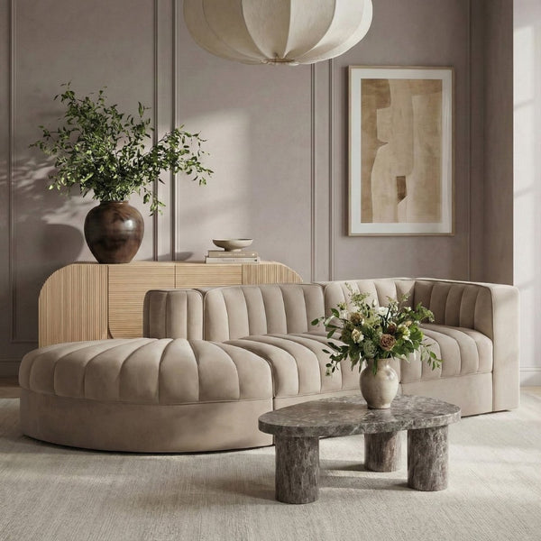 Meridian Furniture Rummi Channel Tufted Velvet Modular Sectional Sofa with Solid Wood Frame for Modern Living Beige 660Beige-Sec3A