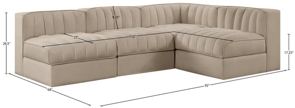 Meridian Furniture Rummi Four Piece Modular Sectional Velvet Sofa with Channel Tufting for Living Room 660Beige-Sec4A