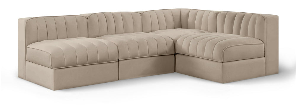 Meridian Furniture Rummi Four Piece Modular Sectional Velvet Sofa with Channel Tufting for Living Room 660Beige-Sec4A