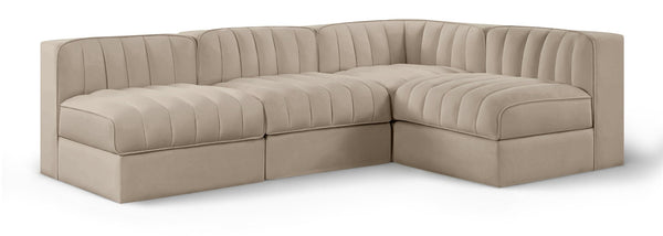 Meridian Furniture Rummi Four Piece Modular Sectional Velvet Sofa with Channel Tufting for Living Room 660Beige-Sec4A