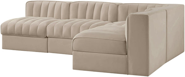 Meridian Furniture Rummi Four Piece Modular Sectional Velvet Sofa with Channel Tufting for Living Room 660Beige-Sec4A