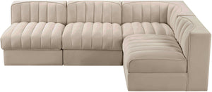 Meridian Furniture Rummi Four Piece Modular Sectional Velvet Sofa with Channel Tufting for Living Room 660Beige-Sec4A