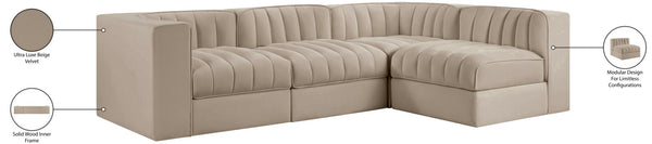 Meridian Furniture Rummi Velvet Modular Sectional with Channel Tufting for Modern Living Spaces 660Beige-Sec4B