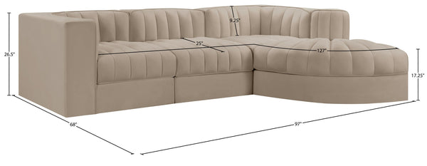 Meridian Furniture Rummi Four Piece Modular Sectional Velvet Performance Fabric Channel Tufted Sofa 660Beige-Sec4C