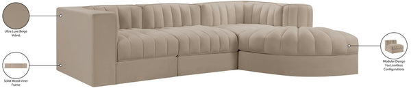Meridian Furniture Rummi Four Piece Modular Sectional Velvet Performance Fabric Channel Tufted Sofa 660Beige-Sec4C