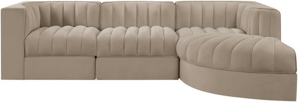 Meridian Furniture Rummi Four Piece Modular Sectional Velvet Performance Fabric Channel Tufted Sofa 660Beige-Sec4C