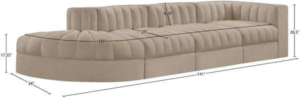 Meridian Furniture Rummi Four Piece Modular Sectional with Channel Tufting in Stain Resistant Velvet 660Beige-Sec4D