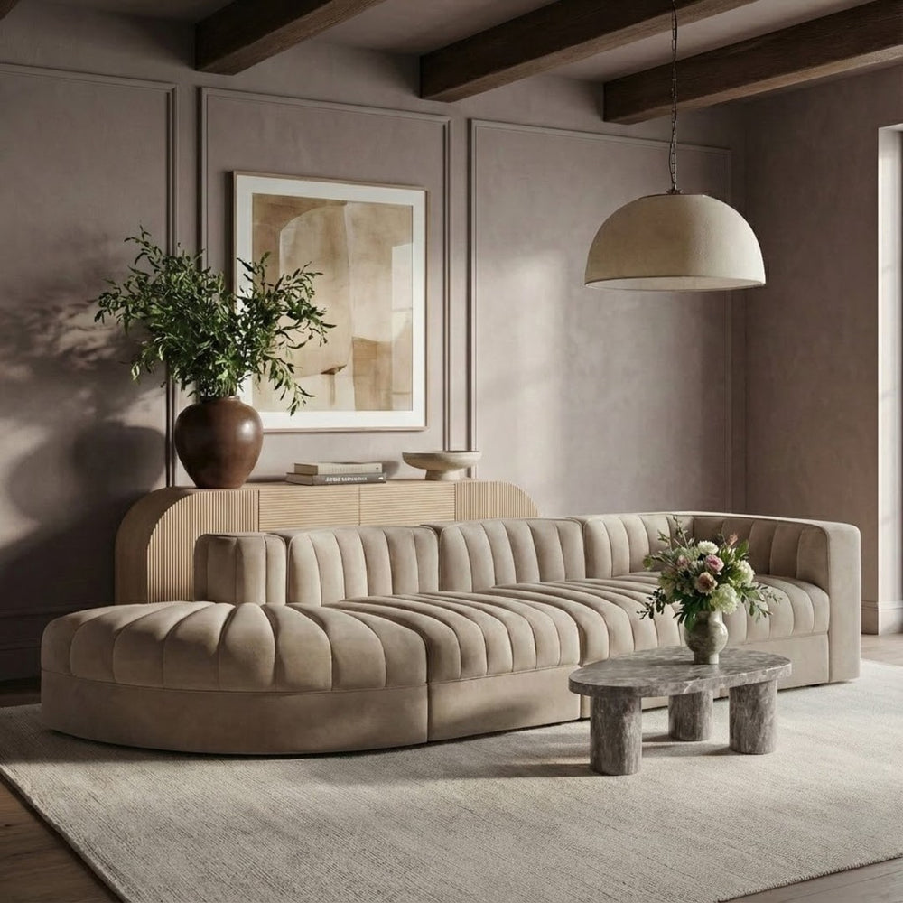 Meridian Furniture Rummi Four Piece Modular Sectional with Channel Tufting in Stain Resistant Velvet 660Beige-Sec4D