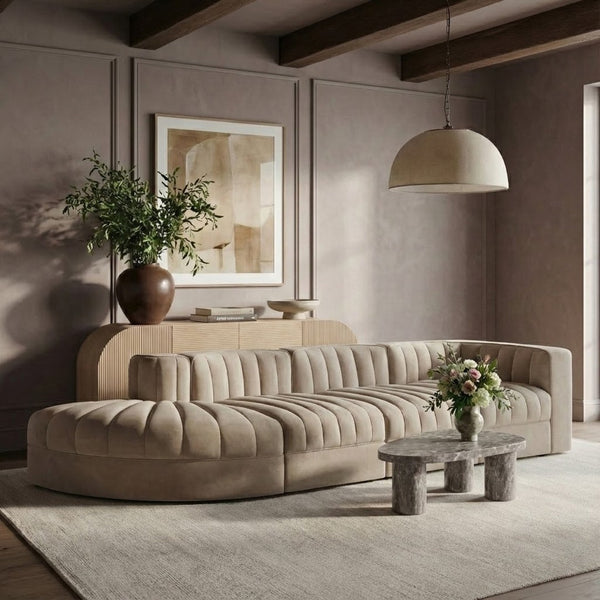 Meridian Furniture Rummi Four Piece Modular Sectional with Channel Tufting in Stain Resistant Velvet 660Beige-Sec4D
