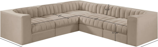 Meridian Furniture Rummi Five Piece Modular Sectional with Channel Tufted Velvet and Flexible Layout 660Beige-Sec5B