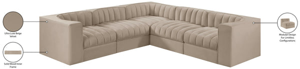 Meridian Furniture Rummi Five Piece Modular Sectional with Channel Tufted Velvet and Flexible Layout 660Beige-Sec5B