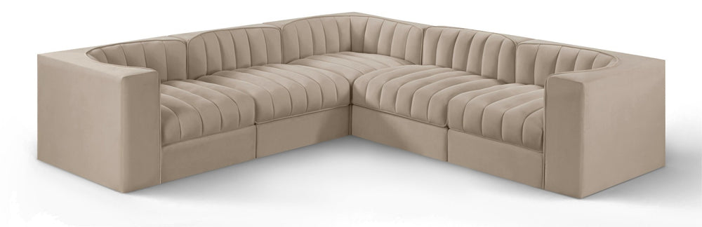 Meridian Furniture Rummi Five Piece Modular Sectional with Channel Tufted Velvet and Flexible Layout 660Beige-Sec5B