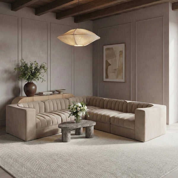 Meridian Furniture Rummi Five Piece Modular Sectional with Channel Tufted Velvet and Flexible Layout 660Beige-Sec5B