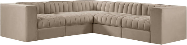 Meridian Furniture Rummi Five Piece Modular Sectional with Channel Tufted Velvet and Flexible Layout 660Beige-Sec5B