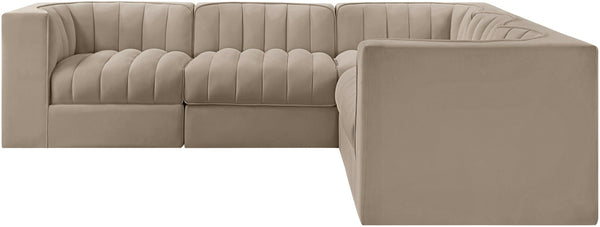 Meridian Furniture Rummi Five Piece Modular Sectional with Channel Tufted Velvet and Flexible Layout 660Beige-Sec5B