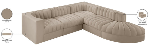Meridian Furniture Rummi Five Piece Modular Sectional Velvet Upholstered with Channel Tufting Living Room 660Beige-Sec5C