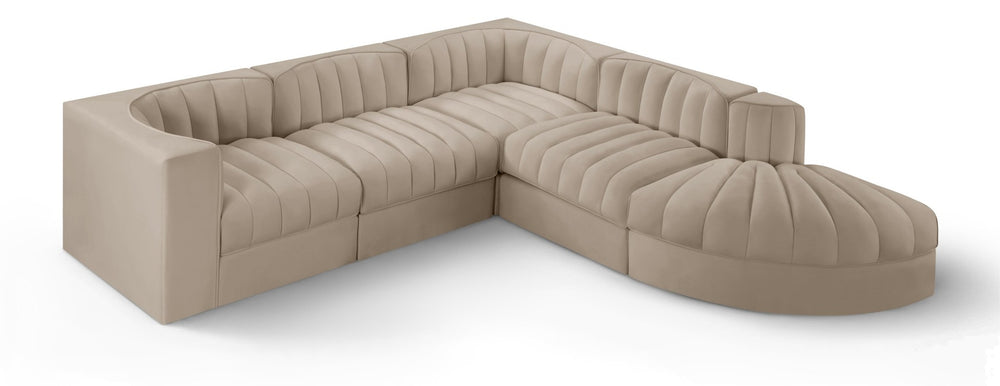 Meridian Furniture Rummi Five Piece Modular Sectional Velvet Upholstered with Channel Tufting Living Room 660Beige-Sec5C