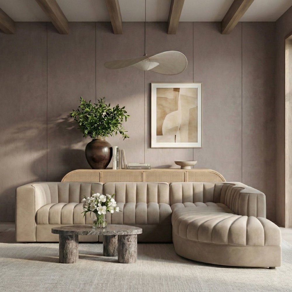 Meridian Furniture Rummi Five Piece Modular Sectional Velvet Upholstered with Channel Tufting Living Room 660Beige-Sec5C