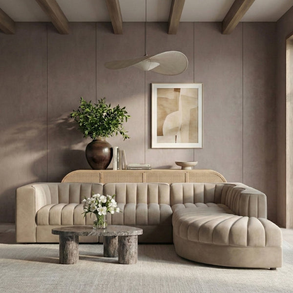 Meridian Furniture Rummi Five Piece Modular Sectional Velvet Upholstered with Channel Tufting Living Room 660Beige-Sec5C