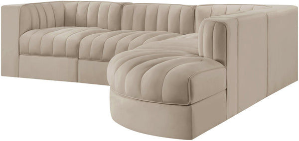 Meridian Furniture Rummi Five Piece Modular Sectional Velvet Upholstered with Channel Tufting Living Room 660Beige-Sec5C