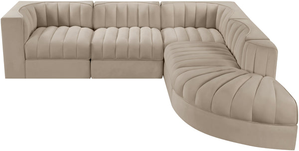 Meridian Furniture Rummi Five Piece Modular Sectional Velvet Upholstered with Channel Tufting Living Room 660Beige-Sec5C