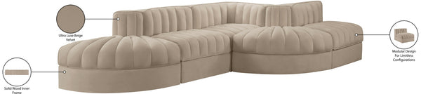 Meridian Furniture Rummi Five Piece Modular Sectional Velvet Performance Fabric Channel Tufted Lounge Sofa 660Beige-Sec5D