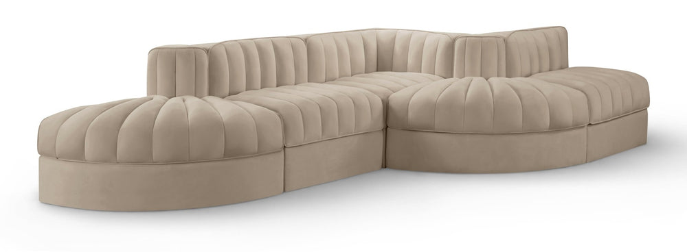 Meridian Furniture Rummi Five Piece Modular Sectional Velvet Performance Fabric Channel Tufted Lounge Sofa 660Beige-Sec5D