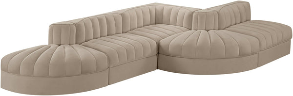 Meridian Furniture Rummi Five Piece Modular Sectional Velvet Performance Fabric Channel Tufted Lounge Sofa 660Beige-Sec5D