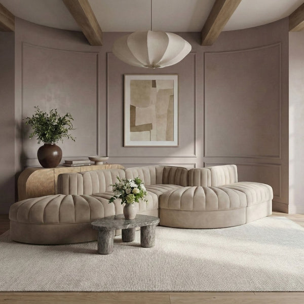 Meridian Furniture Rummi Five Piece Modular Sectional Velvet Performance Fabric Channel Tufted Lounge Sofa 660Beige-Sec5D