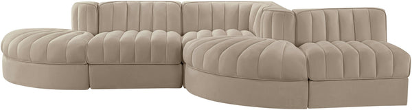 Meridian Furniture Rummi Five Piece Modular Sectional Velvet Performance Fabric Channel Tufted Lounge Sofa 660Beige-Sec5D