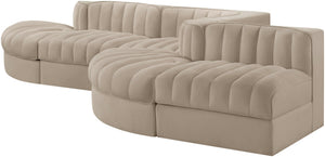 Meridian Furniture Rummi Five Piece Modular Sectional Velvet Performance Fabric Channel Tufted Lounge Sofa 660Beige-Sec5D