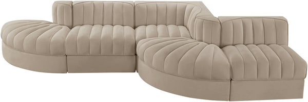 Meridian Furniture Rummi Five Piece Modular Sectional Velvet Performance Fabric Channel Tufted Lounge Sofa 660Beige-Sec5D