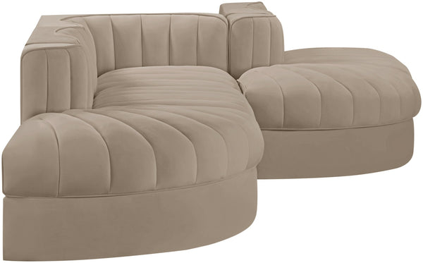 Meridian Furniture Rummi Five Piece Modular Sectional Velvet Performance Fabric Channel Tufted Lounge Sofa 660Beige-Sec5D