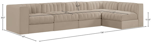 Meridian Furniture Rummi Five Piece Modular Sectional with Channel Tufted Velvet and Stain Resistant Fabric 660Beige-Sec5E