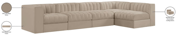 Meridian Furniture Rummi Five Piece Modular Sectional with Channel Tufted Velvet and Stain Resistant Fabric 660Beige-Sec5E