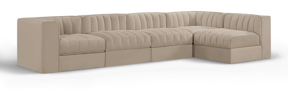 Meridian Furniture Rummi Five Piece Modular Sectional with Channel Tufted Velvet and Stain Resistant Fabric 660Beige-Sec5E