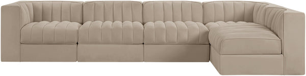 Meridian Furniture Rummi Five Piece Modular Sectional with Channel Tufted Velvet and Stain Resistant Fabric 660Beige-Sec5E