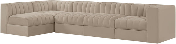 Meridian Furniture Rummi Five Piece Modular Sectional with Channel Tufted Velvet and Stain Resistant Fabric 660Beige-Sec5E