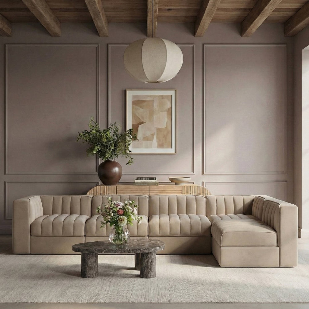Meridian Furniture Rummi Five Piece Modular Sectional with Channel Tufted Velvet and Stain Resistant Fabric 660Beige-Sec5E
