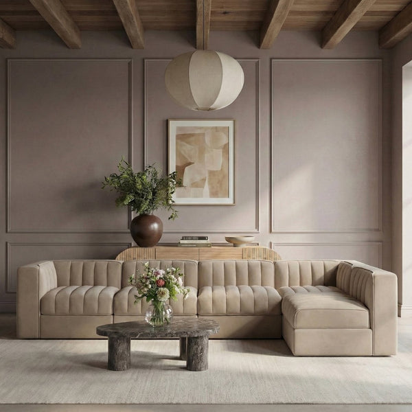 Meridian Furniture Rummi Five Piece Modular Sectional with Channel Tufted Velvet and Stain Resistant Fabric 660Beige-Sec5E